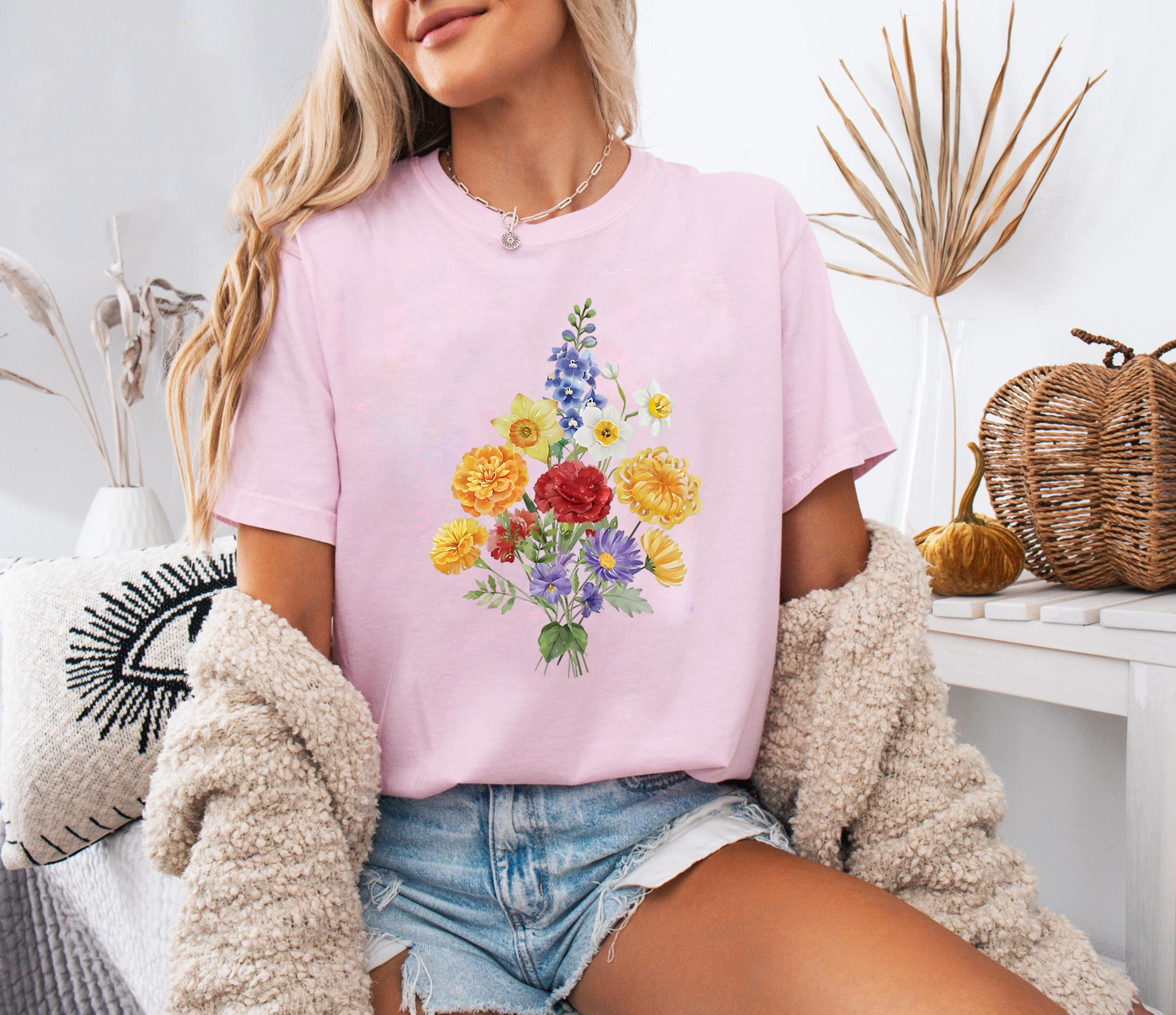 Colorful Floral Shirt, Spring Flower Bouquet Tee, Botanical Garden Shirt, Wildflower T-Shirt, Daffodil Carnation Tee