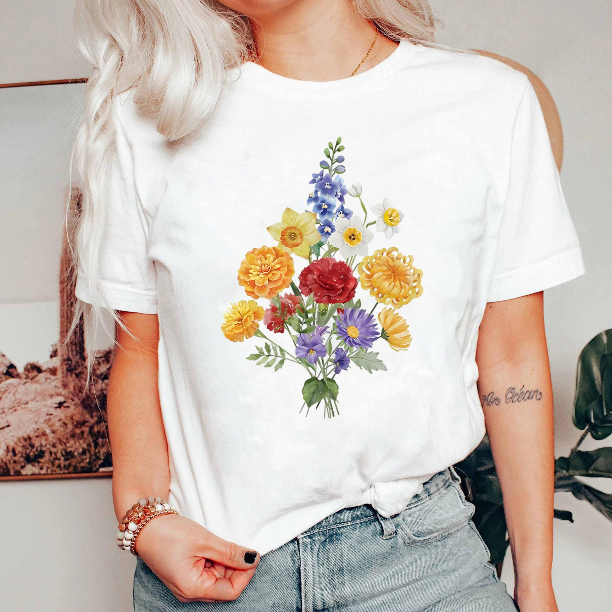 Colorful Floral Shirt, Spring Flower Bouquet Tee, Botanical Garden Shirt, Wildflower T-Shirt, Daffodil Carnation Tee
