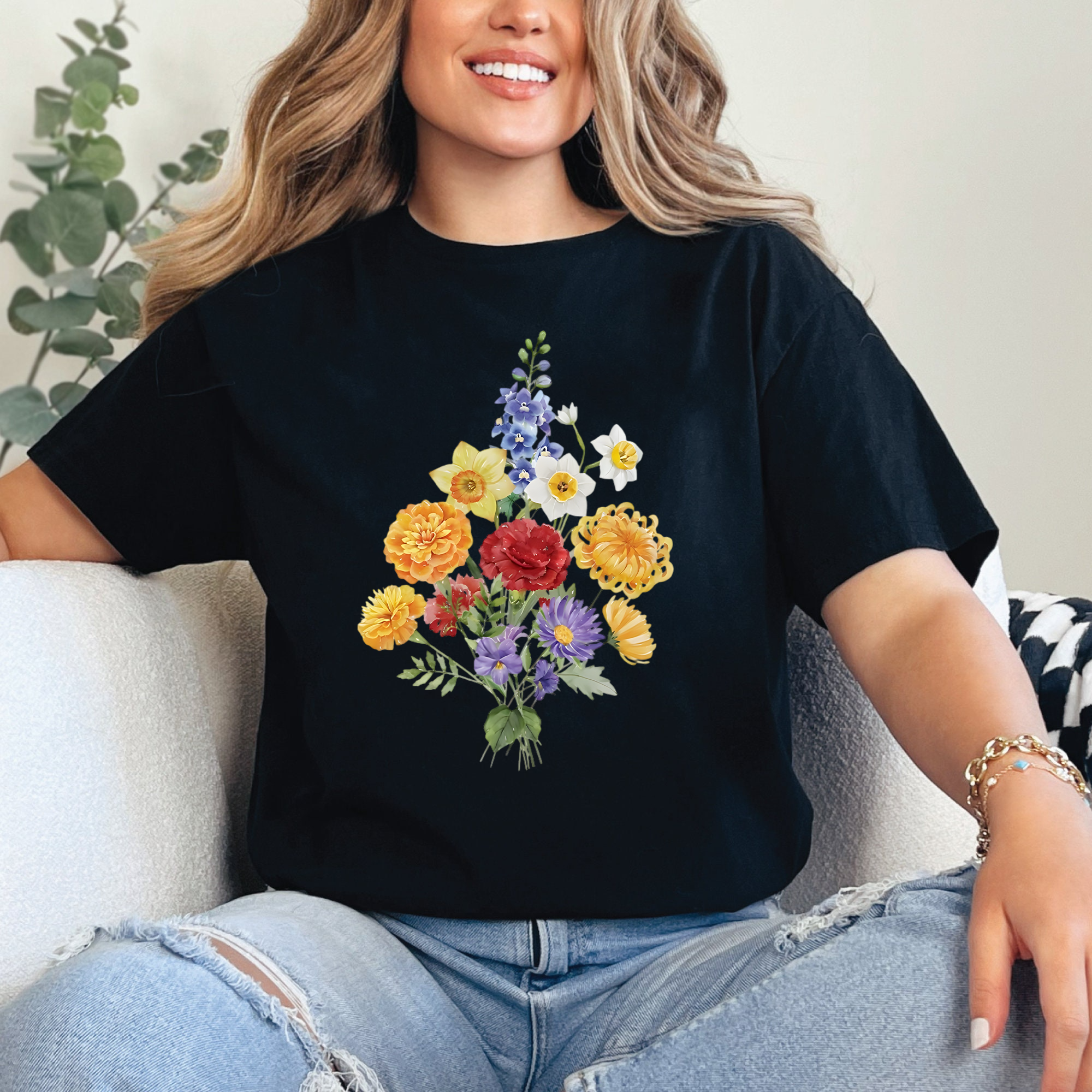 Colorful Floral Shirt, Spring Flower Bouquet Tee, Botanical Garden Shirt, Wildflower T-Shirt, Daffodil Carnation Tee