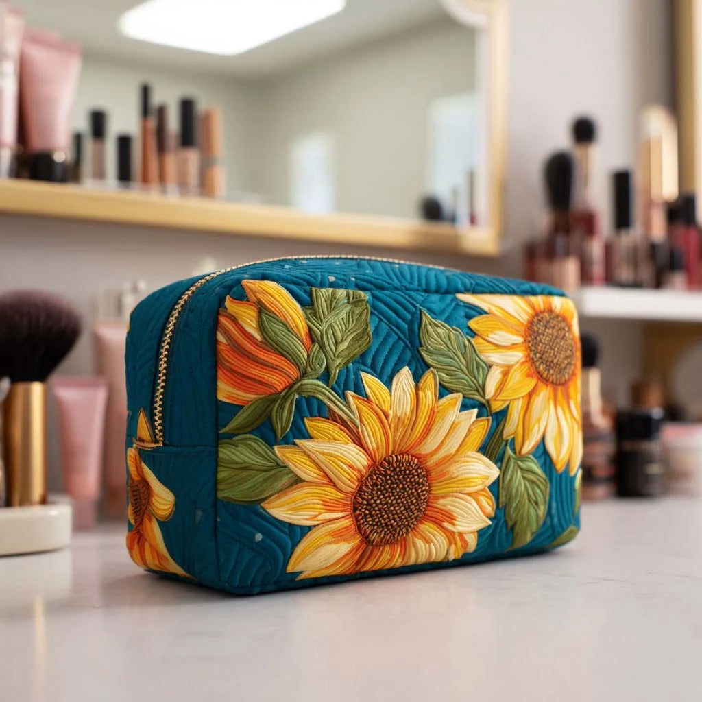 Quilted Sunflower Makeup Bag, Floral Cosmetic Bag, Sunflower Travel Toiletry Pouch, Botanical Zipper Organizer Gift for Women – QMBPETAL44