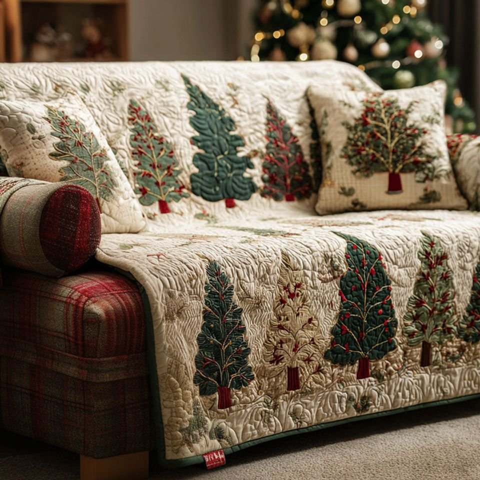 Personalized Christmas Tree Quilted Sofa Cover, Christmas Sofa Cover, Patchwork Couch Throw, Sofa Protector, Holiday Sofa Decor QUILTSOFA37