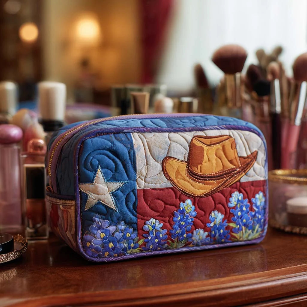 Quilted Texas Flag Makeup Bag, Western Cowgirl Cosmetic Bag, Bluebonnet Travel Toiletry Pouch, Lone Star Zipper Organizer Gift – QMBPETAL45