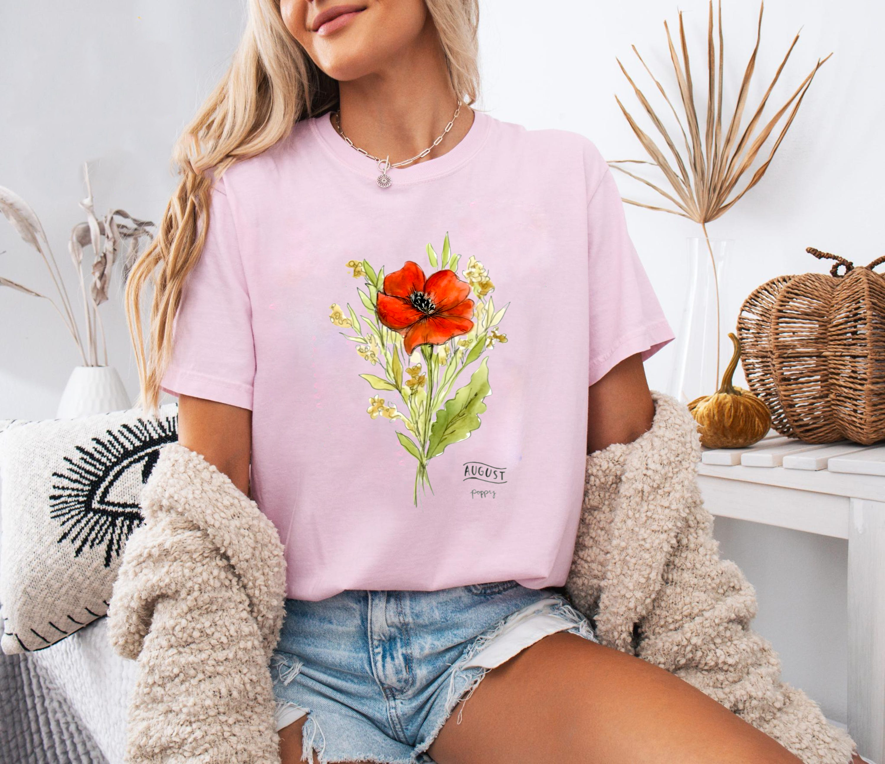 August Birth Flower Shirt, Poppy Watercolor Flower Tee, Red Floral Shirt, Birth Month Botanical Shirt, Nature Gift Tee