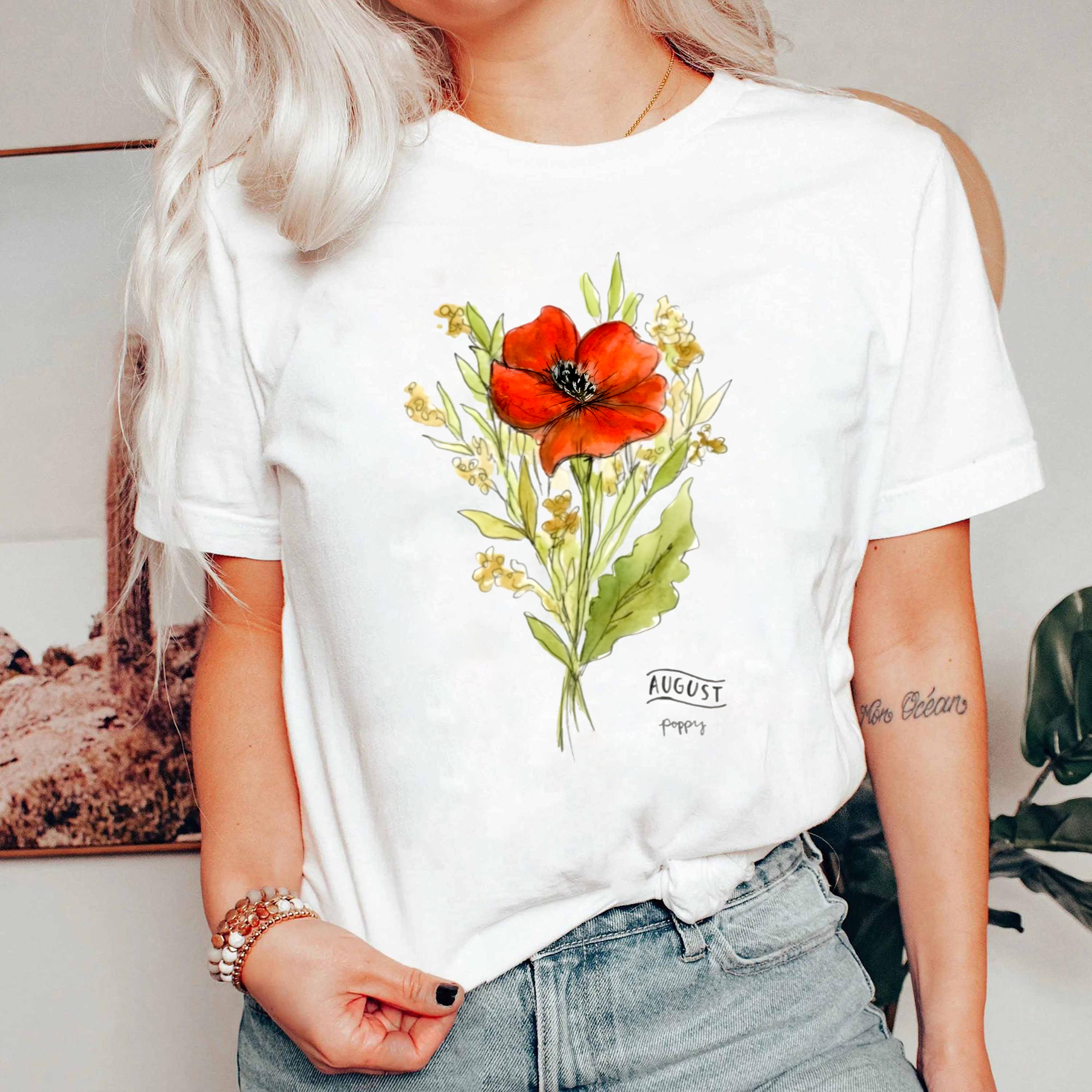 August Birth Flower Shirt, Poppy Watercolor Flower Tee, Red Floral Shirt, Birth Month Botanical Shirt, Nature Gift Tee