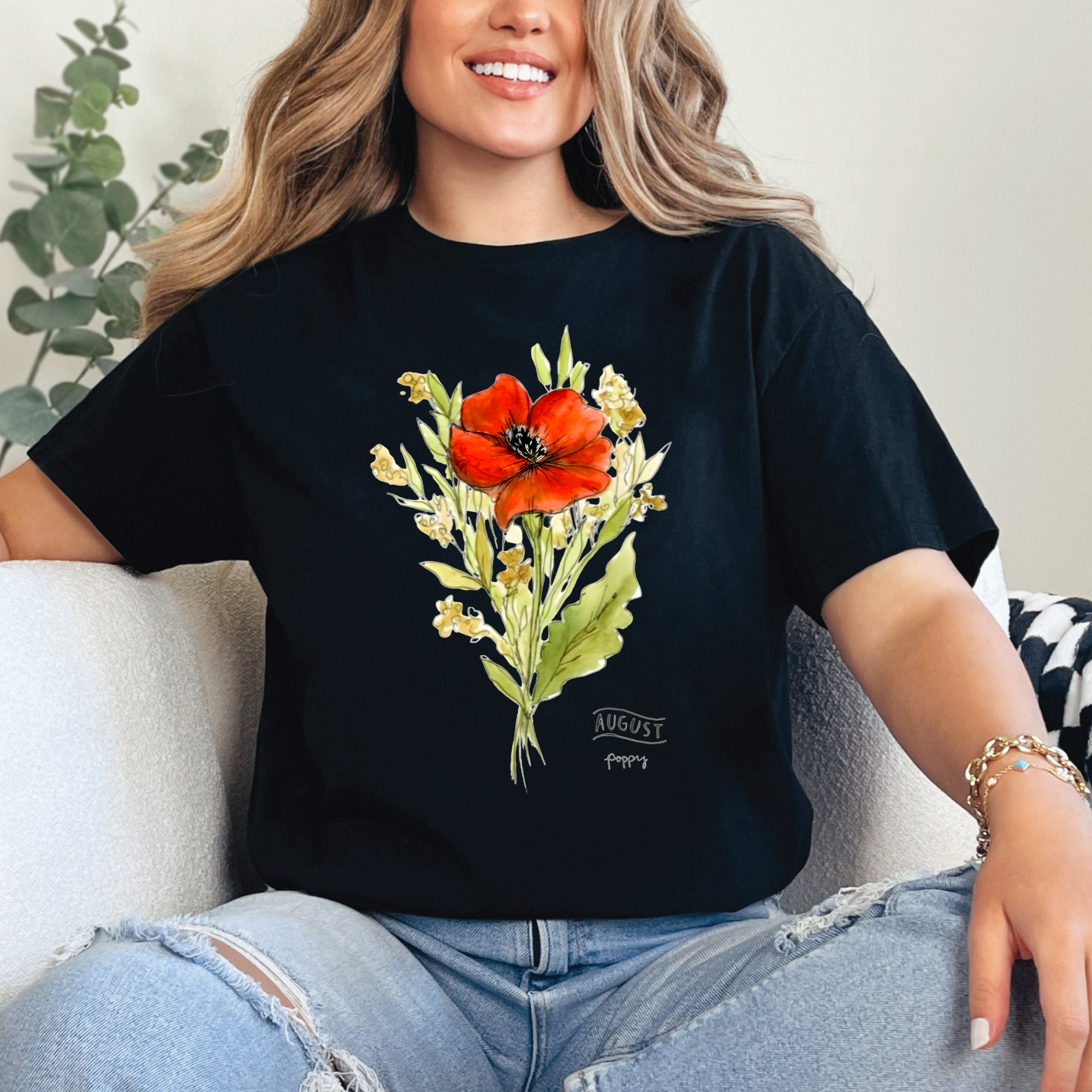 August Birth Flower Shirt, Poppy Watercolor Flower Tee, Red Floral Shirt, Birth Month Botanical Shirt, Nature Gift Tee