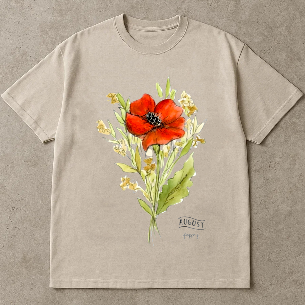 August Birth Flower Shirt, Poppy Watercolor Flower Tee, Red Floral Shirt, Birth Month Botanical Shirt, Nature Gift Tee