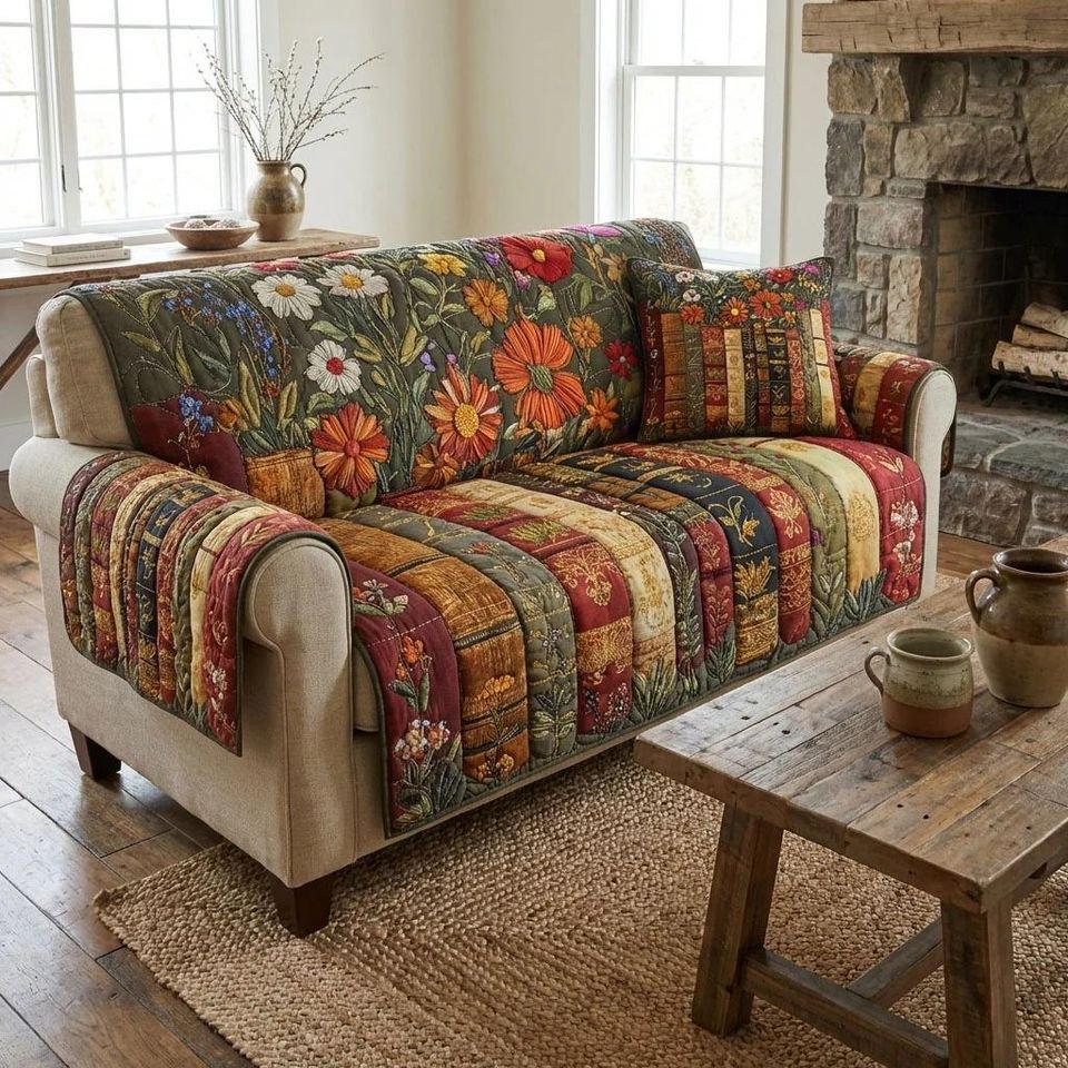 Personalized Floral Book Quilted Sofa Cover, Floral Sofa Cover, Patchwork Couch Throw, Sofa Protector, Holiday Sofa Decor QUILTSOFA38