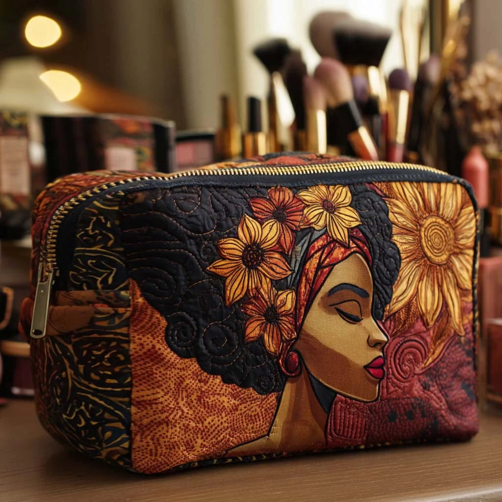 Quilted African Woman Makeup Bag, Afro Beauty Cosmetic Bag, Black Girl Travel Toiletry Pouch, Cultural Floral Zipper Organizer Gift – QMBPETAL46