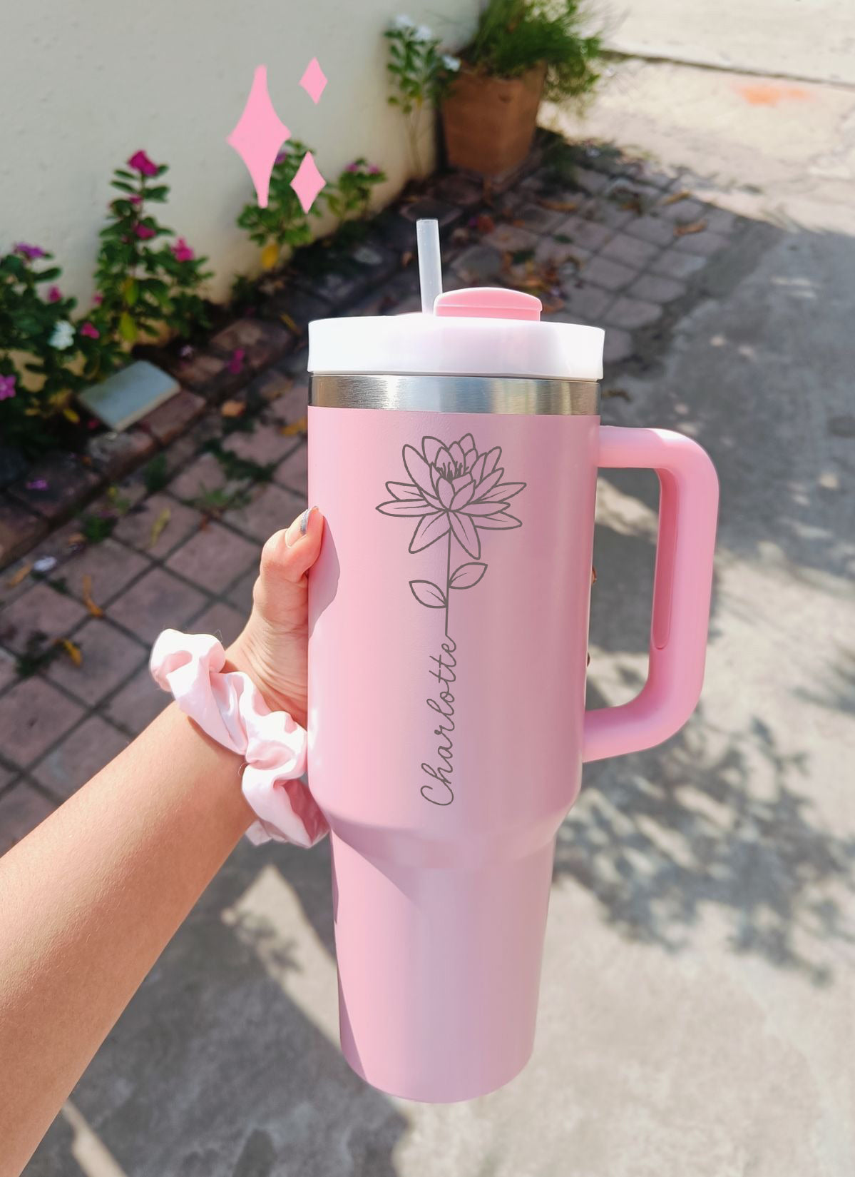 Personalized 40oz Tumbler with Handle, Birth Flower Custom Name Cup, Gift for Teen, Best Friend, Sister, Birthday Gift