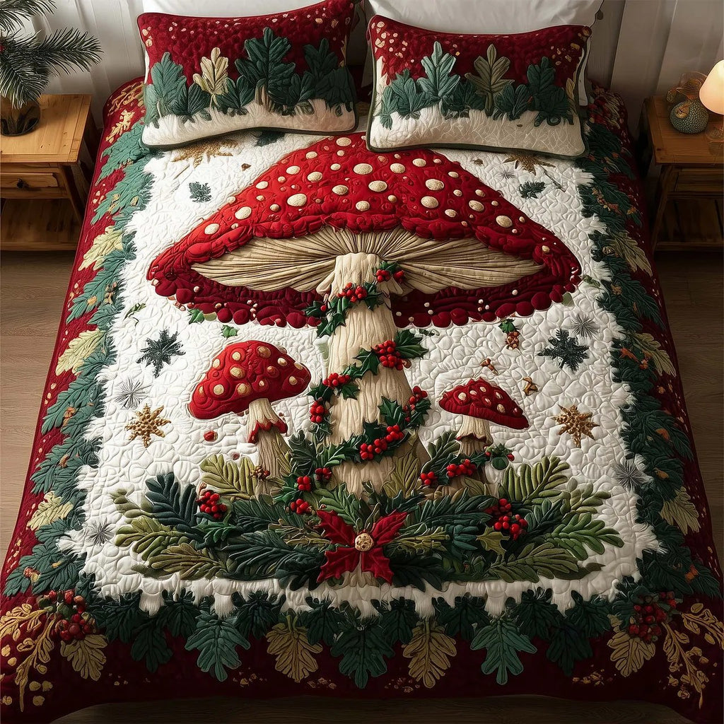 Festive Mushroom Quilted Bedding Set, Mushroom Blanket with Pillowcases, Festive Winter Bedroom Decor, Bedding Decor PTBED77