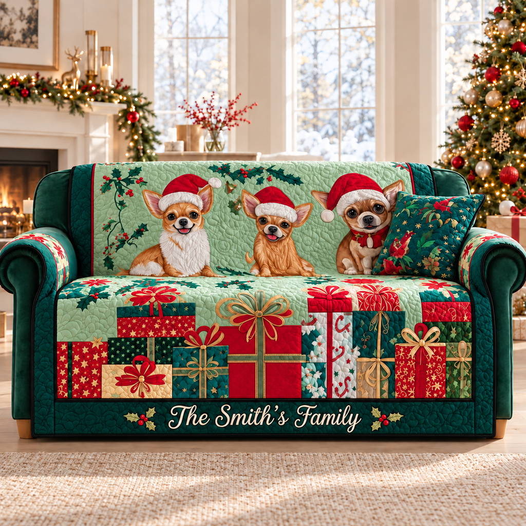 Personalized Chihuahua Christmas Quilted Sofa Cover, Chihuahua Sofa Cover, Patchwork Couch Throw, Sofa Protector, Holiday Sofa Decor QUILTSOFA39