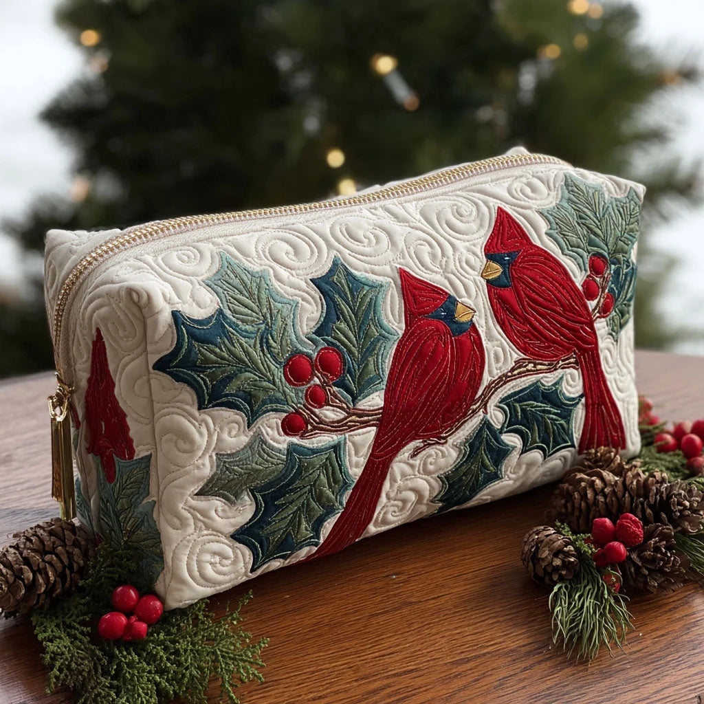 Quilted Cardinal Bird Makeup Bag, Christmas Cosmetic Bag, Holiday Toiletry Pouch, Winter Cardinal & Holly Zipper Organizer, Festive Gift for Women – QMBPETAL47