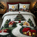 Christmas Vibe Quilted Bedding Set, Christmas Villages Blanket with Pillowcases, Festive Winter Bedroom Decor, Bedding Decor PTBED78