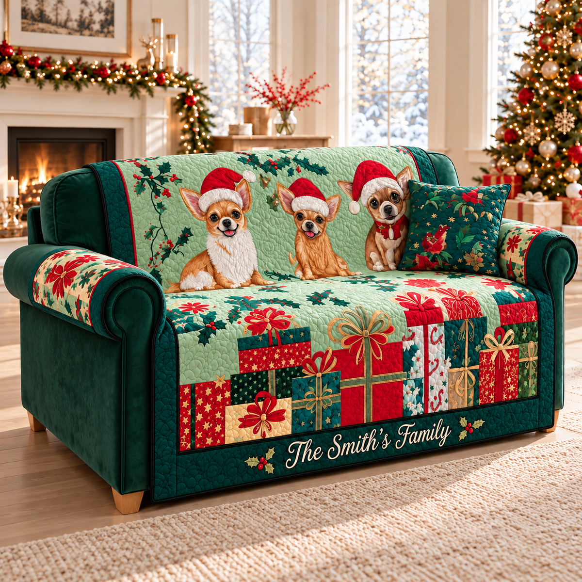 Personalized Chihuahua Christmas Quilted Sofa Cover, Chihuahua Sofa Cover, Patchwork Couch Throw, Sofa Protector, Holiday Sofa Decor QUILTSOFA39