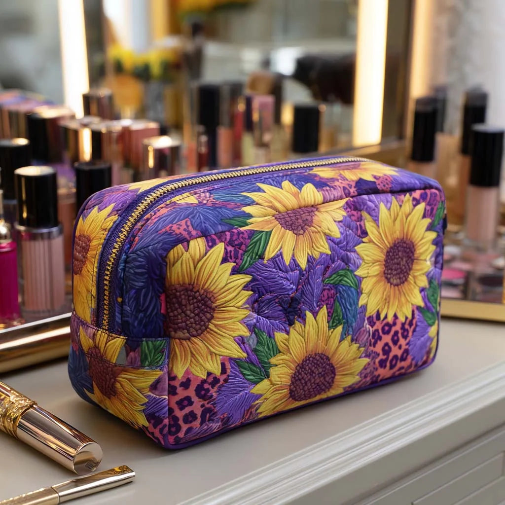 Quilted Sunflower Makeup Bag, Purple Floral Cosmetic Bag, Leopard Print Travel Toiletry Pouch, Western Zipper Organizer Gift for Women – QMBPETAL48