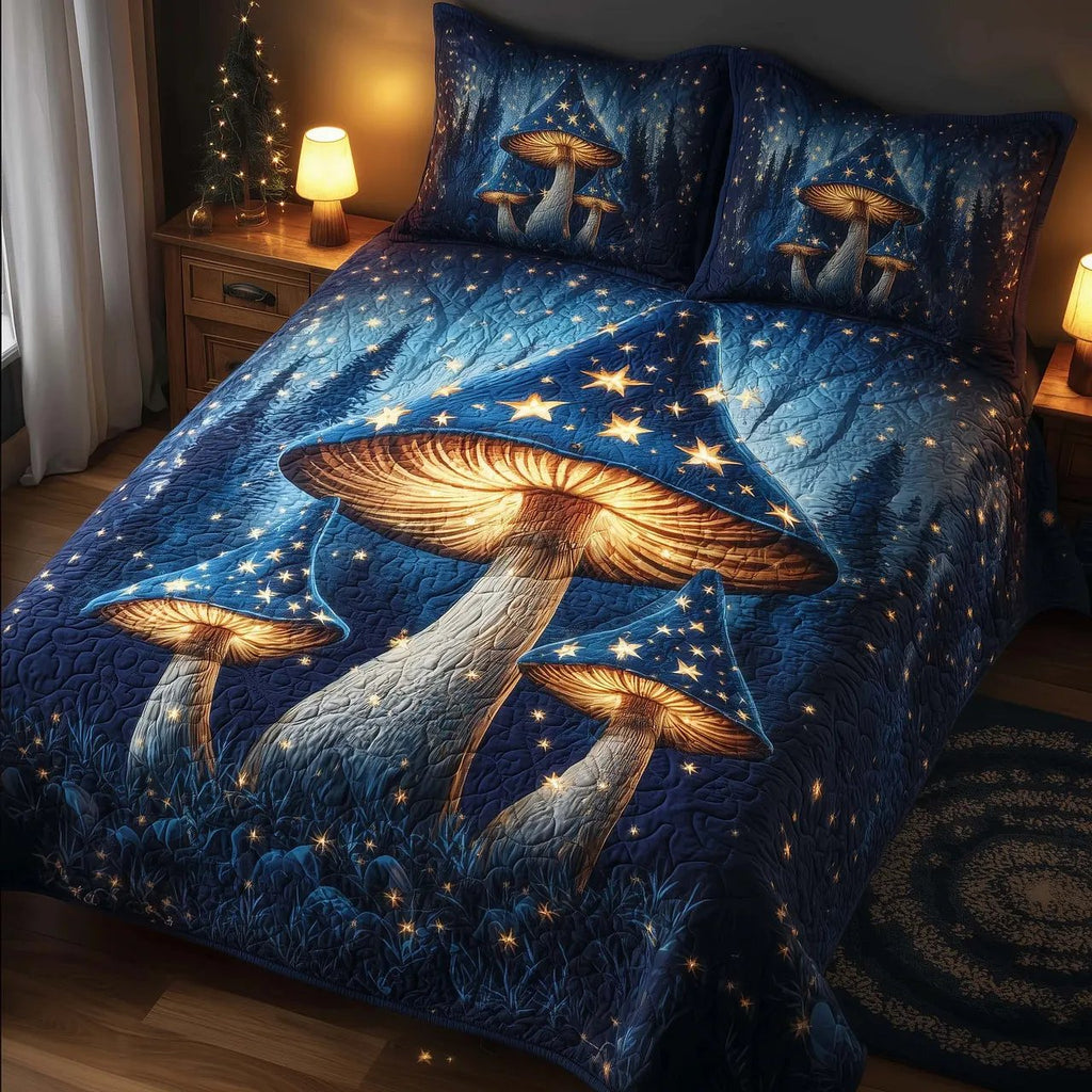 Mystic Mushroom Quilted Bedding Set, Mushroom Blanket with Pillowcases, Festive Winter Bedroom Decor, Bedding Decor PTBED79