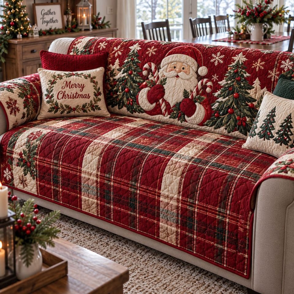 Personalized Santa Christmas Quilted Sofa Cover, Santa Claus Sofa Cover, Patchwork Couch Throw, Sofa Protector, Holiday Sofa Decor QUILTSOFA41