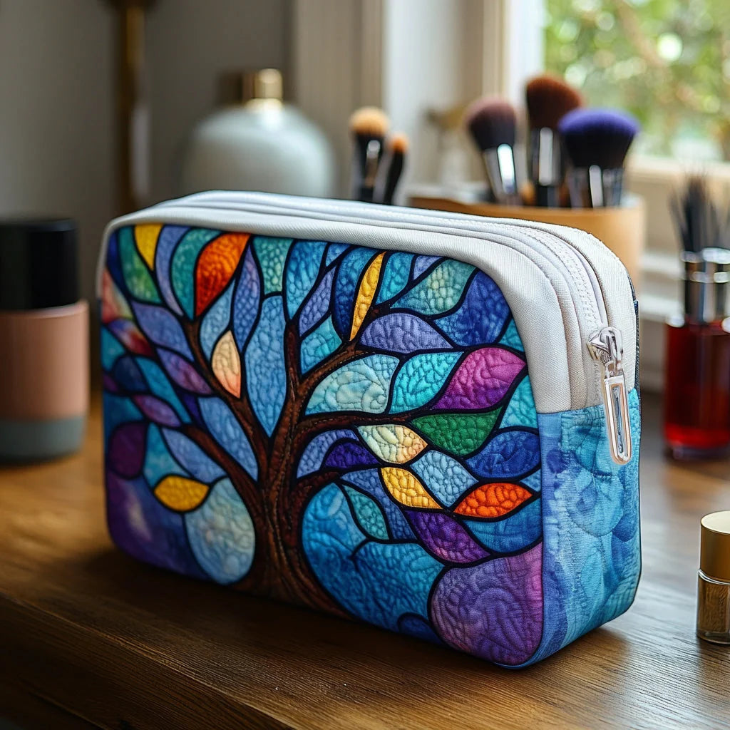 Quilted Tree of Life Makeup Bag, Stained Glass Cosmetic Bag, Colorful Travel Toiletry Pouch, Artistic Zipper Organizer, Gift for Women – QMBPETAL49