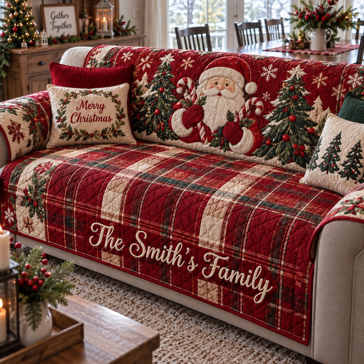 Personalized Santa Christmas Quilted Sofa Cover, Santa Claus Sofa Cover, Patchwork Couch Throw, Sofa Protector, Holiday Sofa Decor QUILTSOFA41