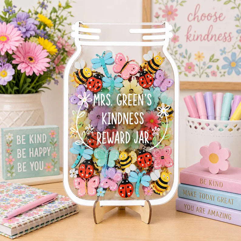 Personalized Kindness Reward Jar, Wooden Garden Theme Classroom Incentive, Custom Insect Token Board for Kids, Back to School Gift. RJPETAL02