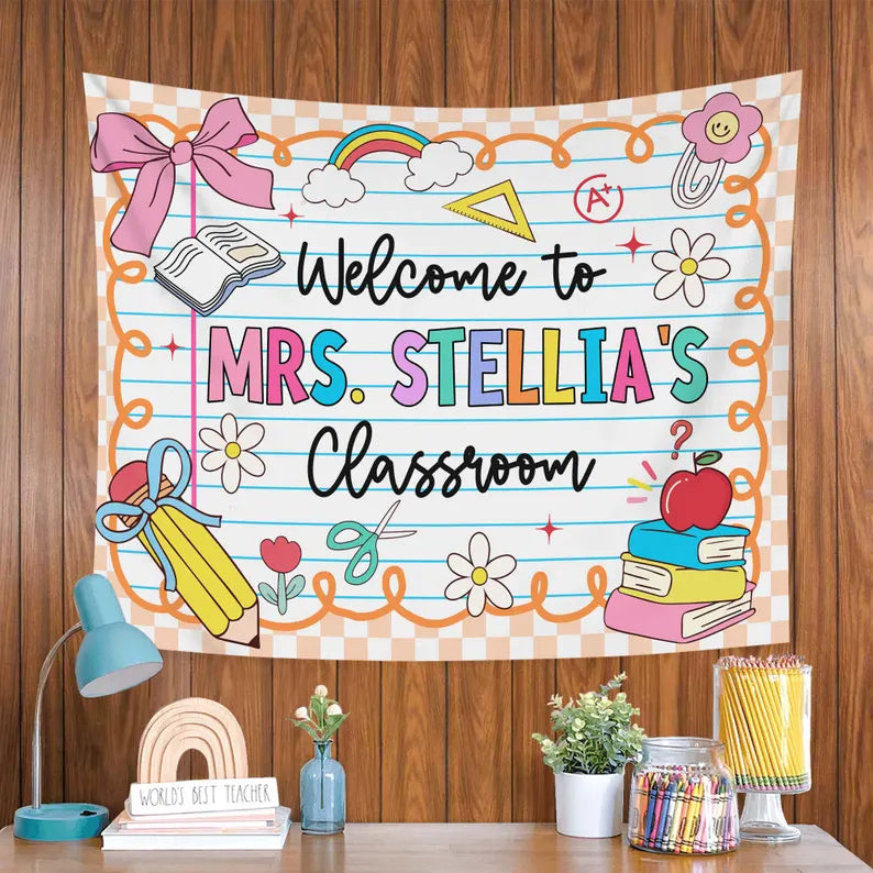 Personalized Teacher Tapestry, Custom Welcome Classroom Banner with Name, Back To School, First Day of School Gifts, Gift for Teacher. CBPETAL01