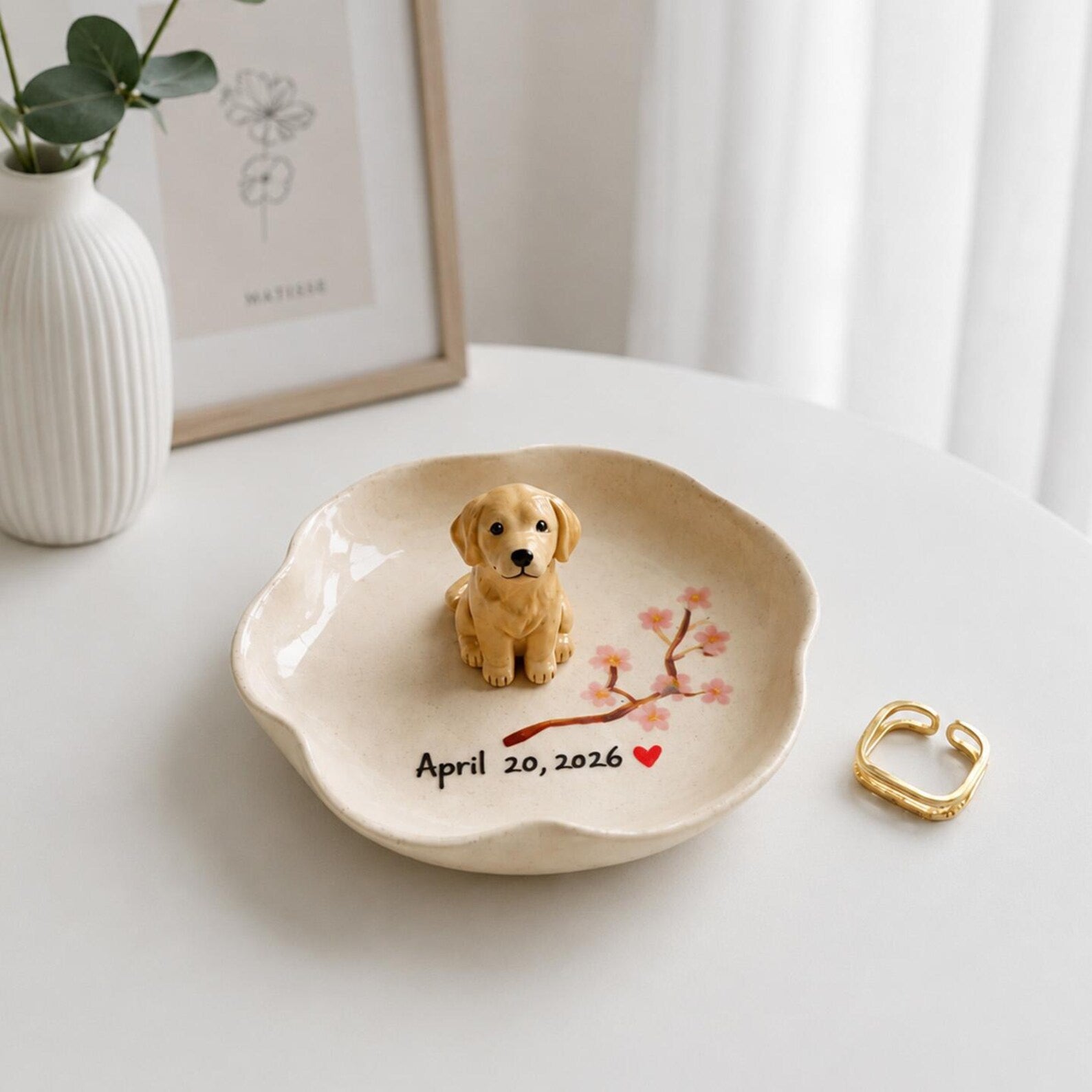Personalized Dog Ring Dish, Ceramic Pet Jewelry Tray, Cherry Blossom Keepsake. CPPETAL14