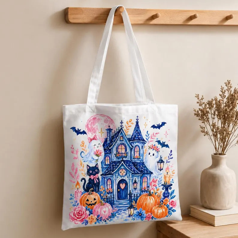 Halloween Tote Bag, Cute Haunted House Canvas Shopper, Ghost Cat Pumpkin Market Bag, Spooky Floral Gift For Her Mom Friend, Fall Decor. HLWTBPETAL11