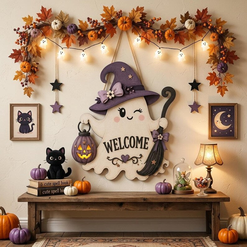 Cute Ghost Welcome Door Hanger, Halloween Wooden Door Sign, Spooky Ghost Decor with Witch Hat, Front Porch Halloween Decoration. HLWDHPETAL15