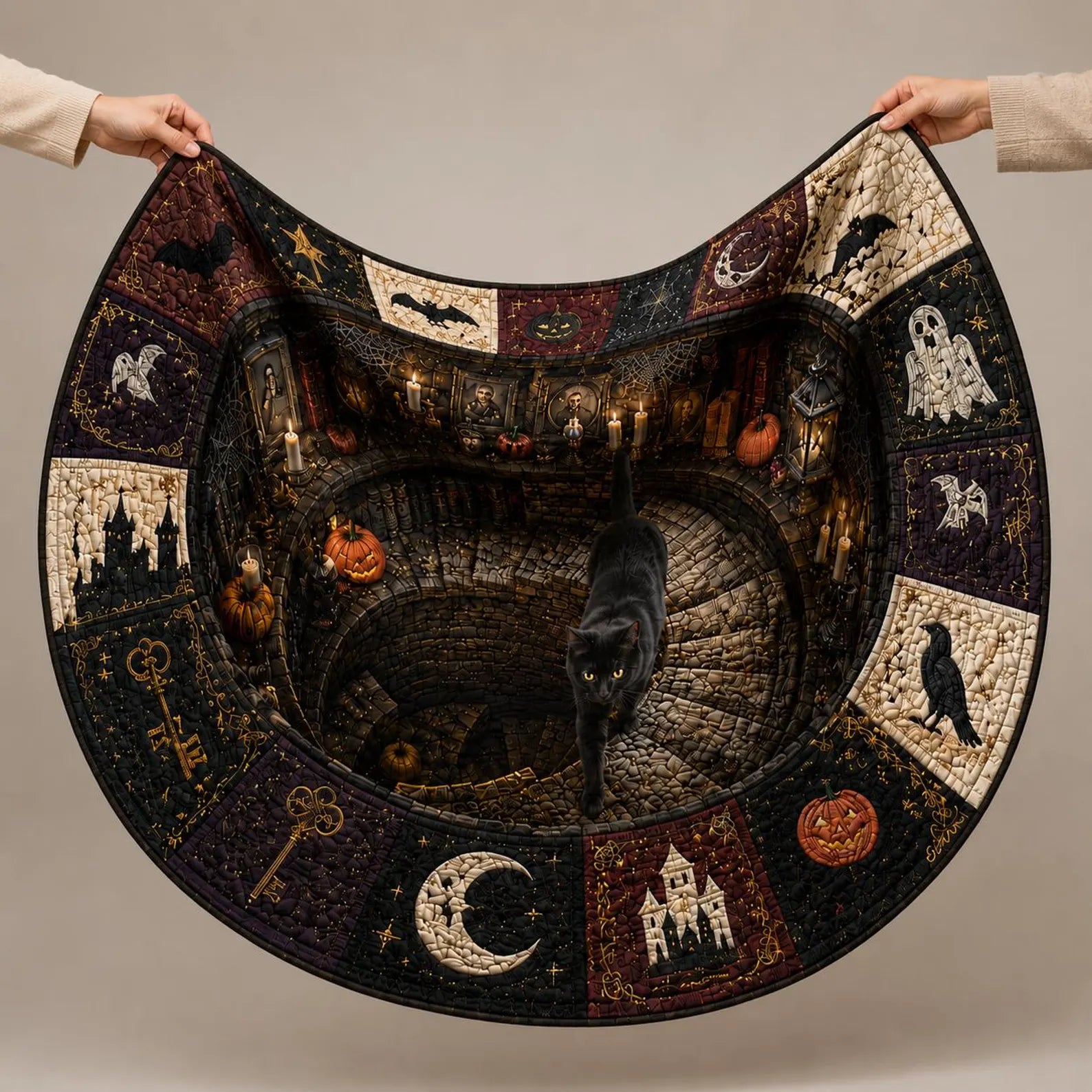 Halloween Black Cat Circle Rug, 3D Vortex Illusion Round Rug, Fall Autumn Leaves Spooky Decor, Witchy Floor Carpet Gift for Halloween. QRPETAL25