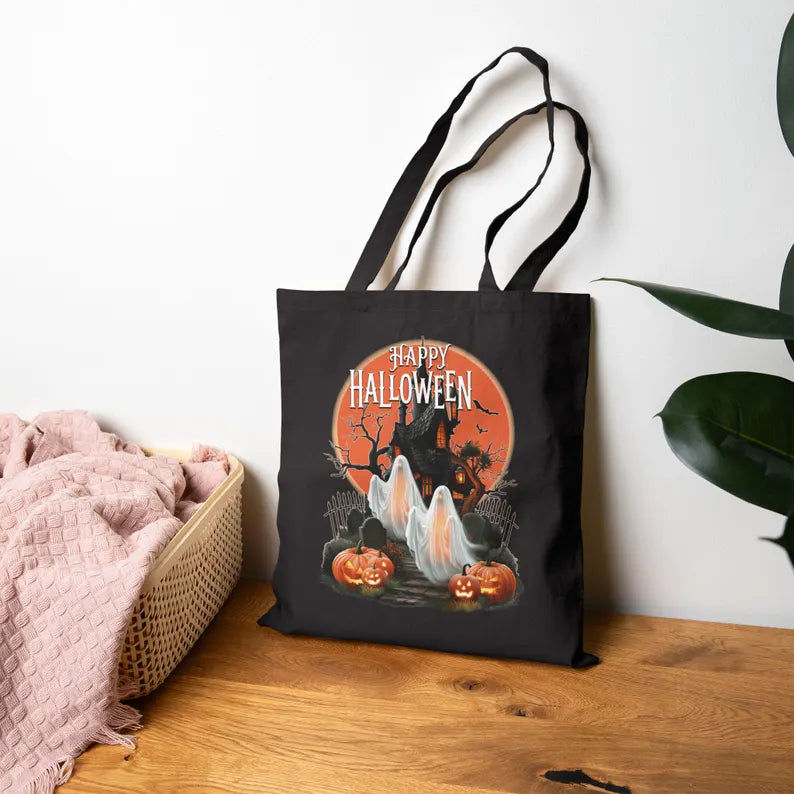 Happy Halloween Tote Bag, Haunted House Ghost Canvas Bag, Pumpkin Trick or Treat Bag, Spooky Season Halloween Gift Tote. HLWTBPETAL8