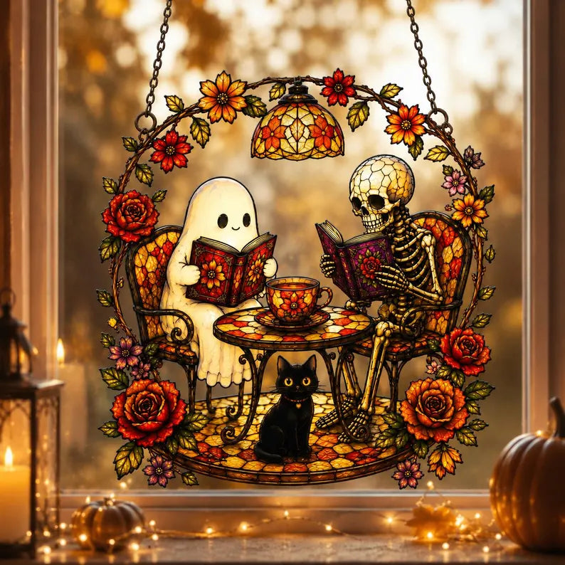 Ghost and Skeleton Reading Book Acrylic Suncatcher, Black Cat in Teacup, Books Lover. HSPETAL14