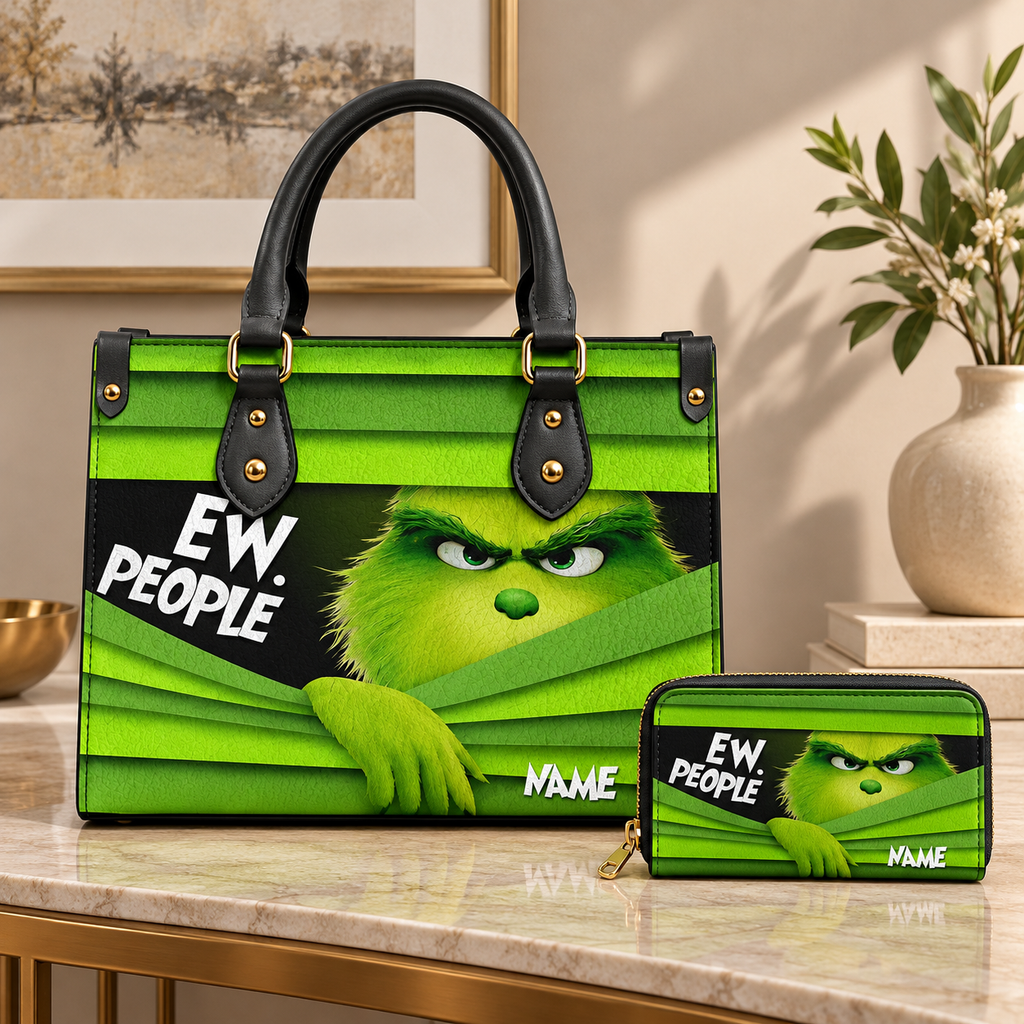 Personalized Funny Grinch Christmas Leather Handbag, Grinch Christmas Leather Tote Bag, Grinch Wallet, Christmas Bag Gift GBAG04