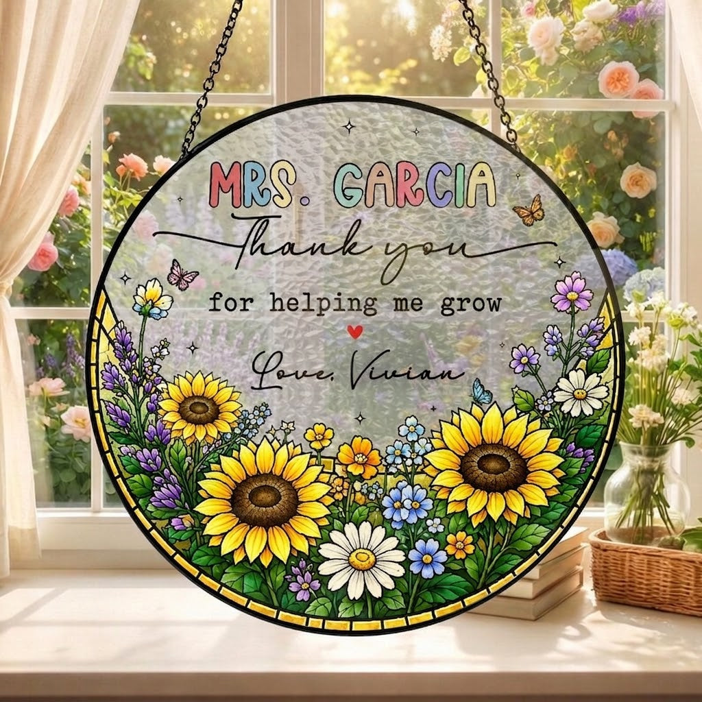 Thank You Gift For Teacher, Custom Teacher Stained Glass Suncatcher, Teacher Appreciation Gift, Thank You Teacher Gift, First day of school Gift. SUNPETAL09