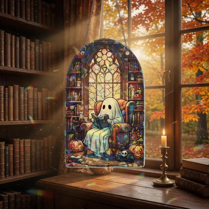 Halloween Ghost Hologram Acrylic Ornament: Gothic Window Hanging, Spooky Cute Decor, Autumn & Witchy Home Accent. HSPETAL13