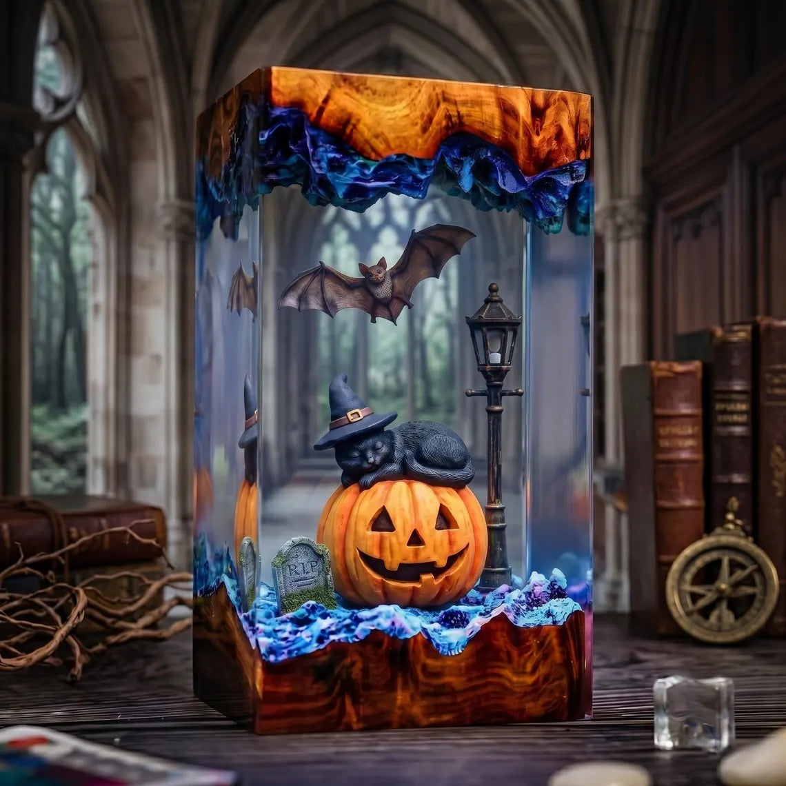 Spooky Black Cat Resin Lamp, Pumpkin Patch Night Light, Halloween Cemetery Decor, Handmade Epoxy Lamp, Fall Animal Fan Gift. RLPETAL05