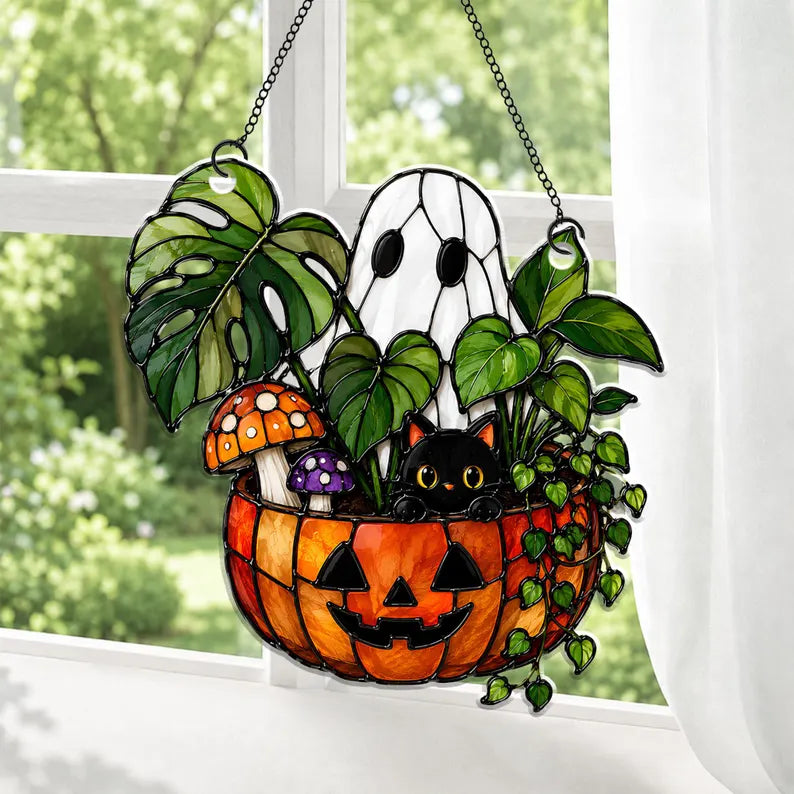 Cute Ghost Plant And Black Cat Acrylic Suncatcher, Pumpkin Window Hanging, Hangings Plant Lover Gift, Black Cat Lover, Halloween Decor. HSPETAL7
