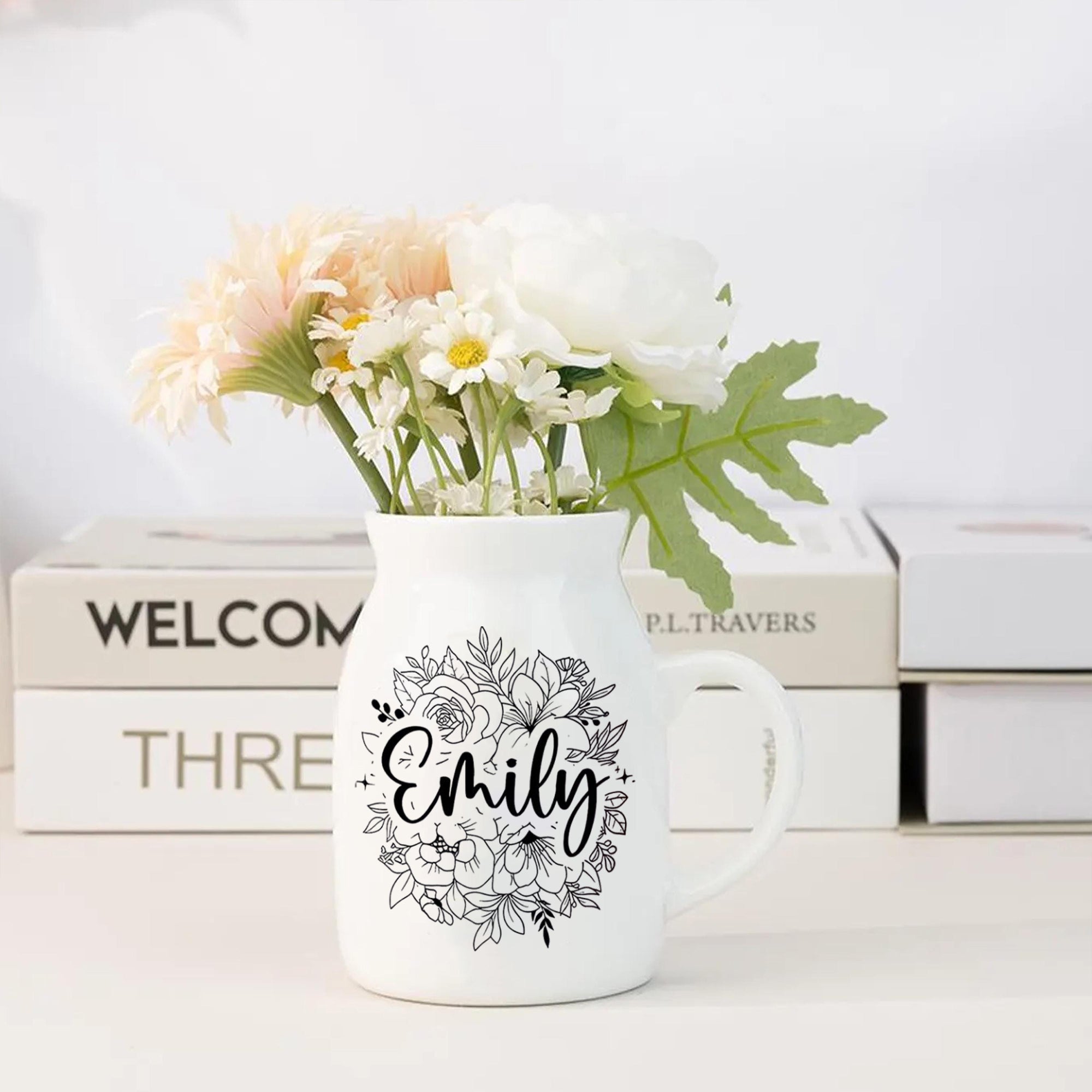 Personalized Ceramic Flower Vase With Name, Custom Floral Pottery Vase, Decorative Vase With Handle, Unique Home Décor, Birthday Gift