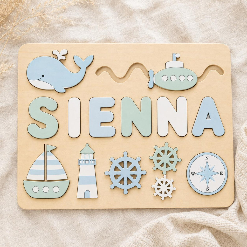 Personalized Nautical Name Puzzle, Custom Wooden Ocean Name Puzzle for Toddlers, Montessori Sea Adventure Puzzle, Kids Nursery Gift. NPPETAL18