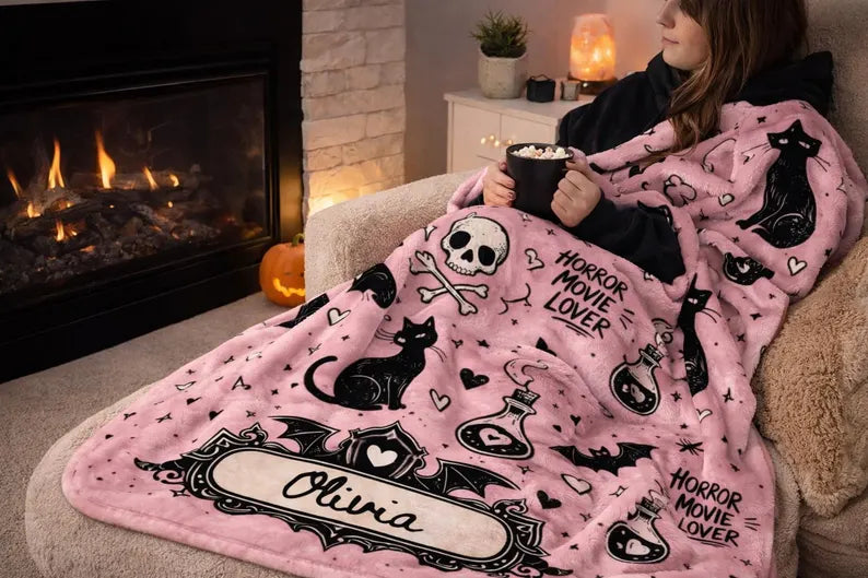 Personalized Spooky Blanket, Horror Lover Gift, Custom Name Goth Throw, Pink Horror Decor Halloween Blanket. BLKPETAL10