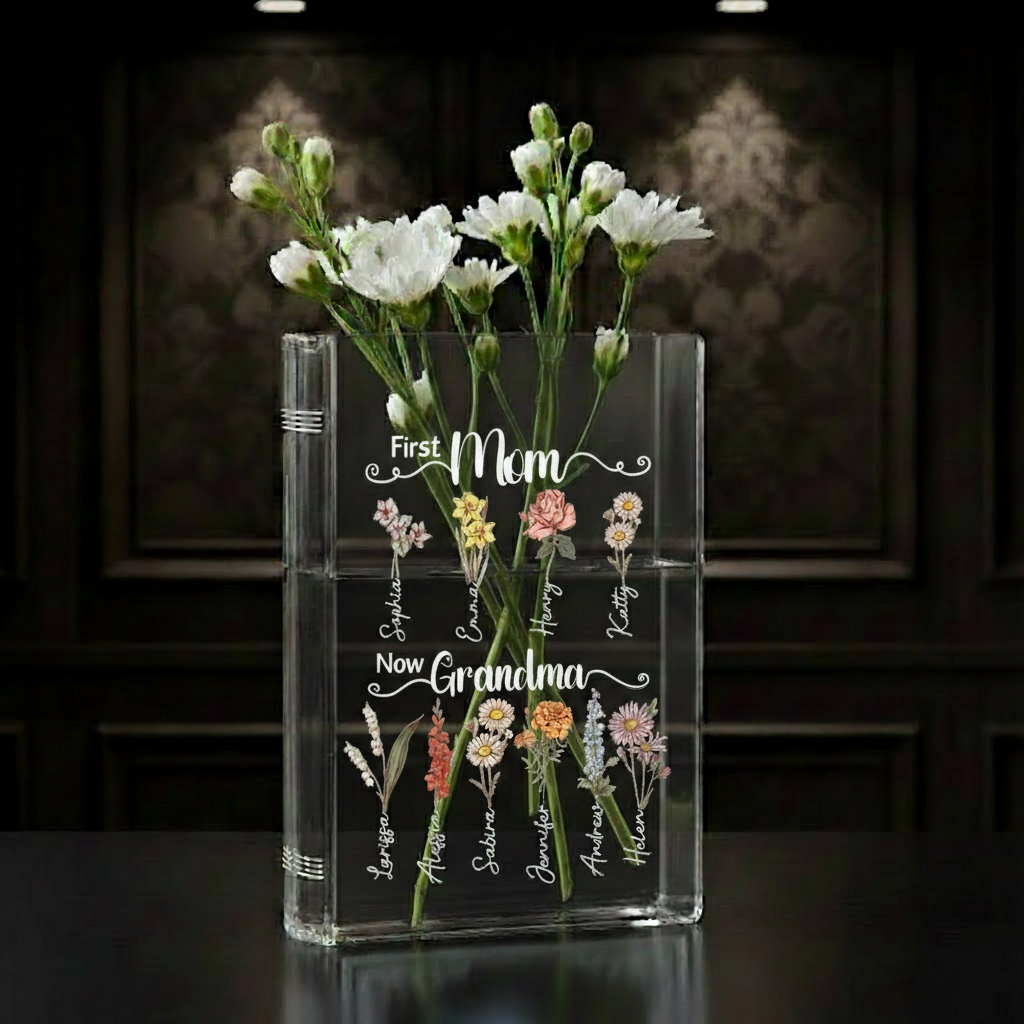 Personalized Grandma's Garden Birth Flower Book Vase – Custom Ceramic Vase with Birth Month Flowers, Perfect Christmas Gift