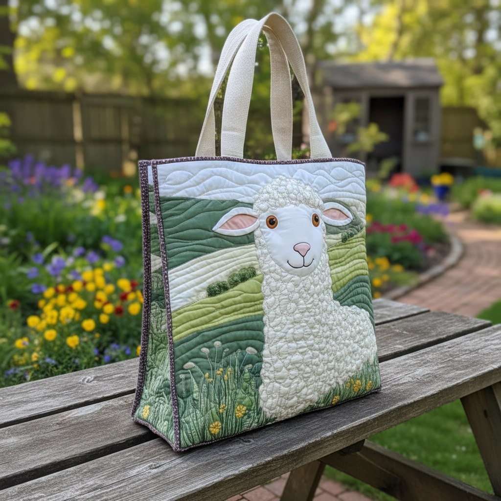Lamb Quilted Tote Bag – Cute Sheep Farmhouse Shoulder Bag, Cottagecore Floral Market Tote, Animal Lover Gift for Women