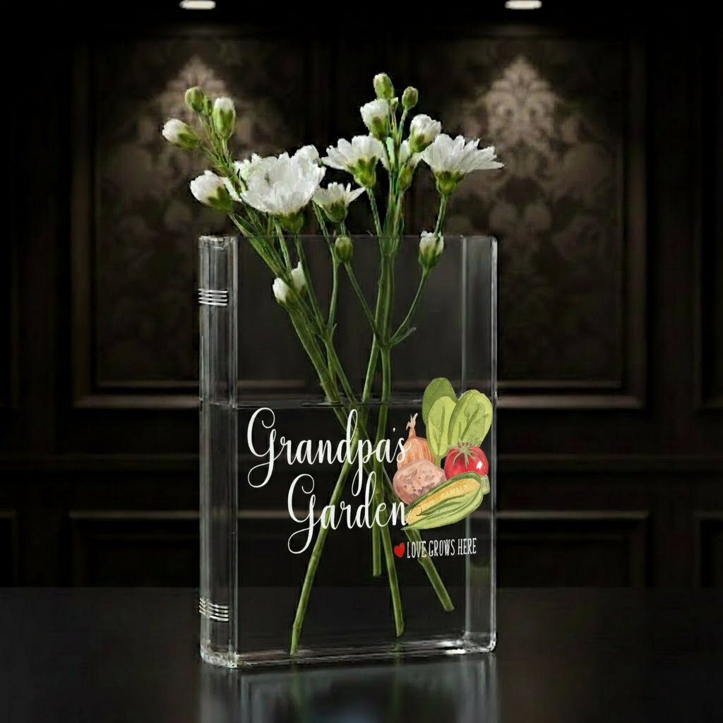 Personalized Grandpa’s Garden Book Vase – Custom Garden-Themed Vase, Thoughtful Gift for Grandpa, Papa or Grandfather, Love Grows Here Decor