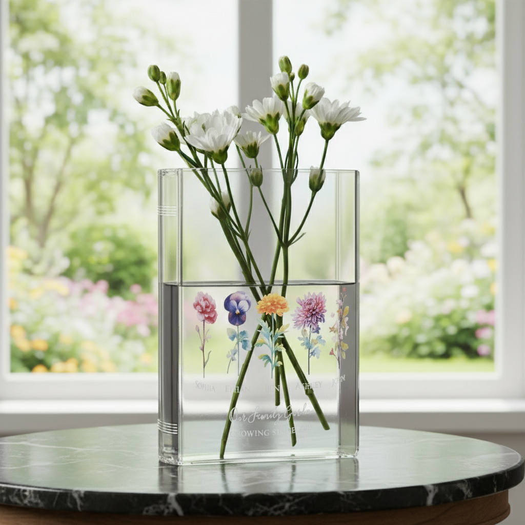 Personalized Birth Flower Vase for Mom Grandma, Book Shaped Acrylic Vase for Flowers, Custom Kids Name Clear Vase, Mothers Day Gift