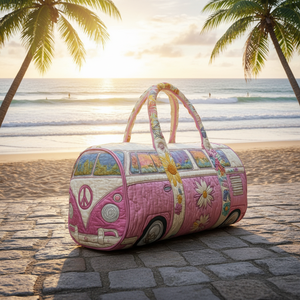 Pastel Camper Van Quilted Duffle Bag – Rainbow Floral Travel Weekender Tote, Boho Hippie Overnight Bag, Cute Aesthetic Duffel Gift for Women