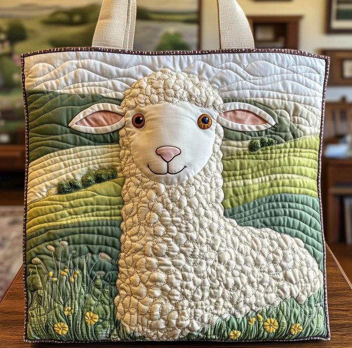 Lamb Quilted Tote Bag – Cute Sheep Farmhouse Shoulder Bag, Cottagecore Floral Market Tote, Animal Lover Gift for Women