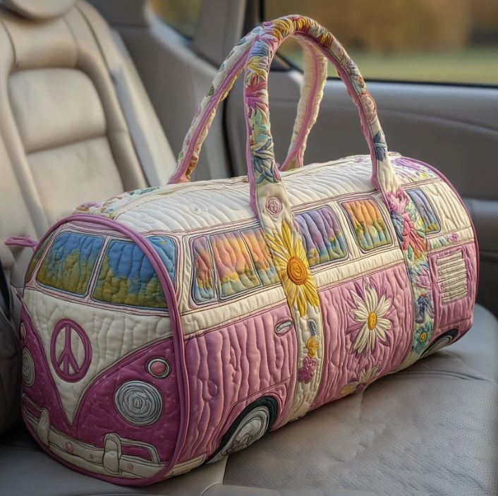 Pastel Camper Van Quilted Duffle Bag – Rainbow Floral Travel Weekender Tote, Boho Hippie Overnight Bag, Cute Aesthetic Duffel Gift for Women