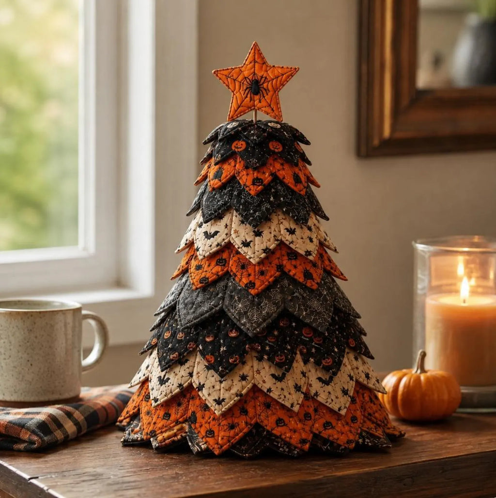 Halloween Star Quilted Fabric Tree Tabletop Decoration, Handmade Pumpkin Bat & Spider Spooky Fall Home Decor QCTPETAL05