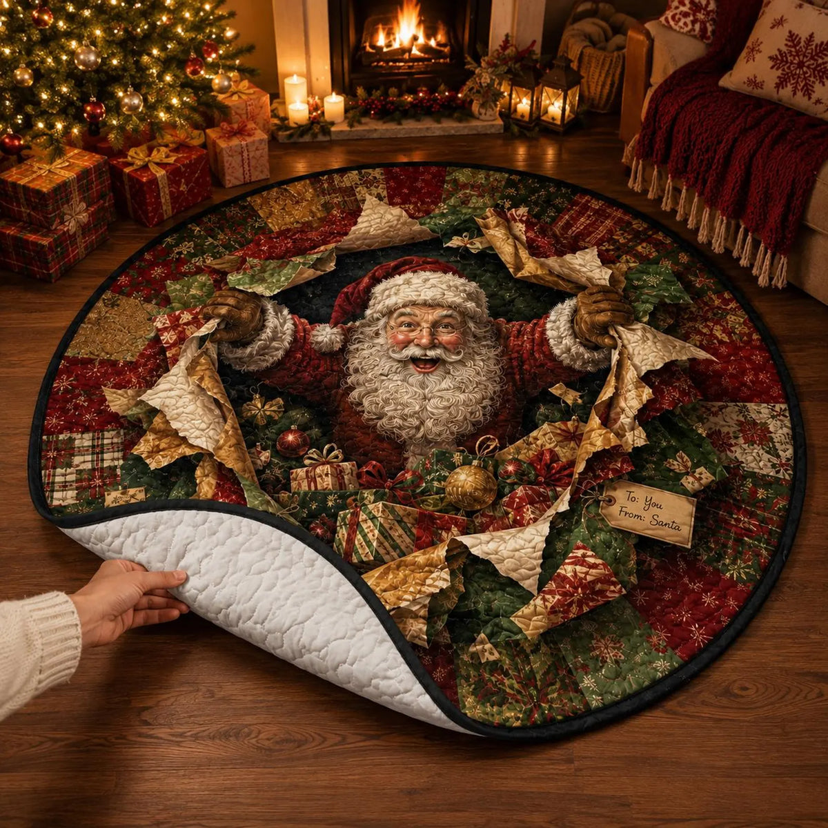 Christmas Quilted Rug, Santa Claus Round Rug, Vintage Patchwork Christmas Rug, Holiday Floor Mat, Festive Santa Home Decor, Xmas Gift. QRPETAL37
