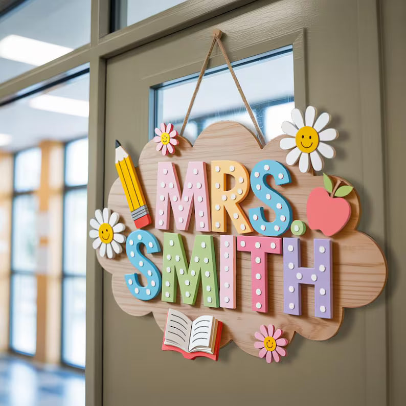 Personalized Teacher 3D Wooden Door Sign, Teacher Door Hanger, Cute Teacher Door Sign, Teacher Gift, Custom Teacher Name, Classroom Decor. DHPETAL13