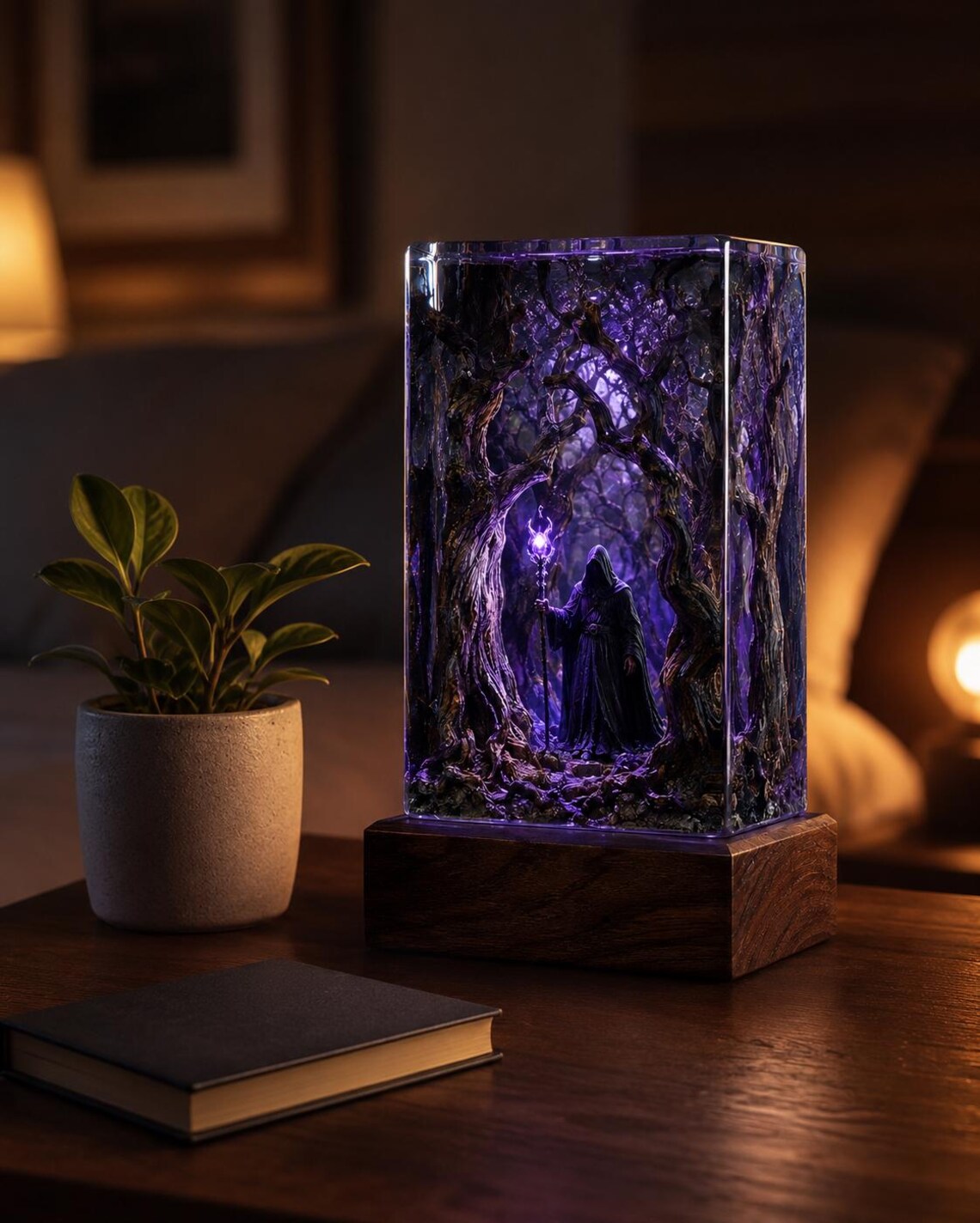 Wizard Resin Night Light, Dark Forest Fantasy Diorama, Handmade Epoxy Lamp, Book Lover Gift, Unique Fantasy Decor. RLPETAL04